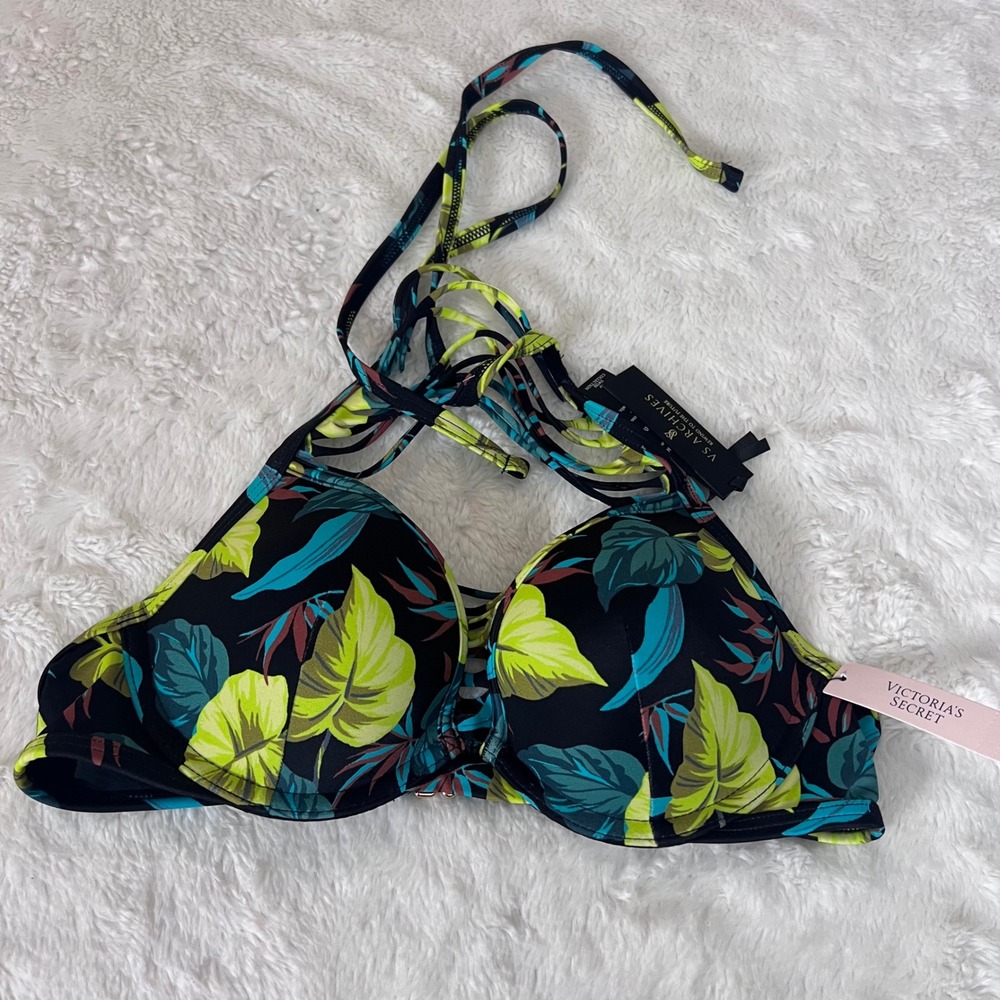 Victorias Secret Archives Tropical Leaf Underwire‎ Halter Bikini Top Black 32B